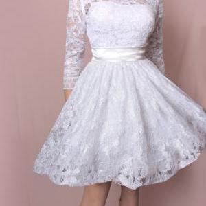 Wedding Short Lace Dress/ 3/4 Sleeves Bridal Gown