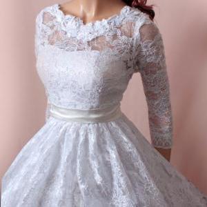 Wedding Short Lace Dress/ 3/4 Sleeves Bridal Gown