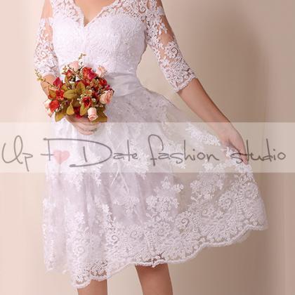 Lace Wedding Dress/v Front And Back/recepion/knee..