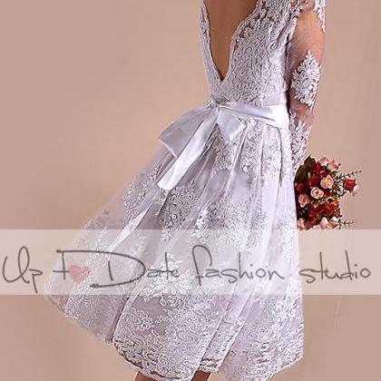 Short Wedding Lace Dress/open Back/ Bridal Gown..