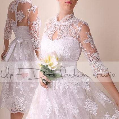 Lace Wedding Dress With Slleve/ Knee Length/royal..