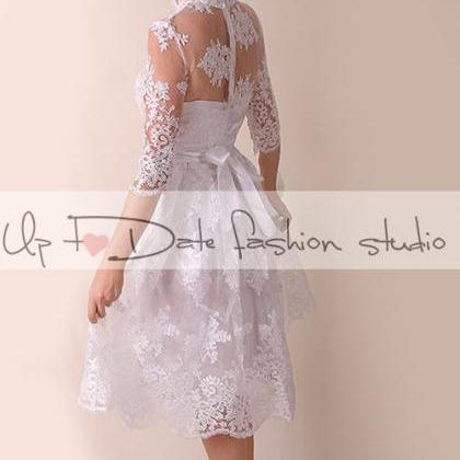 Lace Wedding Dress With Slleve/ Knee Length/royal..