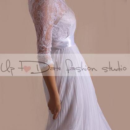 Wedding Romantic Dress/ With Sleeves/ Beaded Lace..