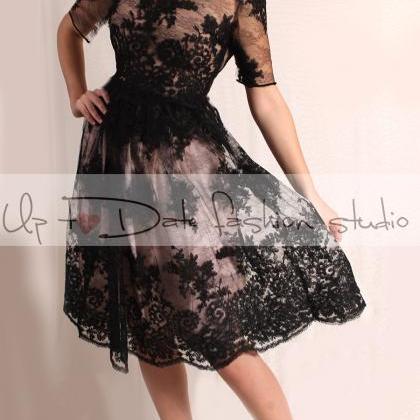 Wedding Party Black /knee Length /lace Dress/ 3/4..