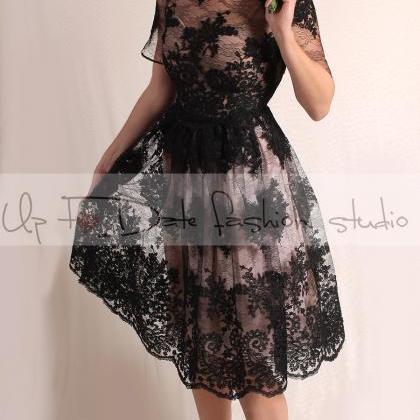 Wedding Party Black /knee Length /lace Dress/ 3/4..