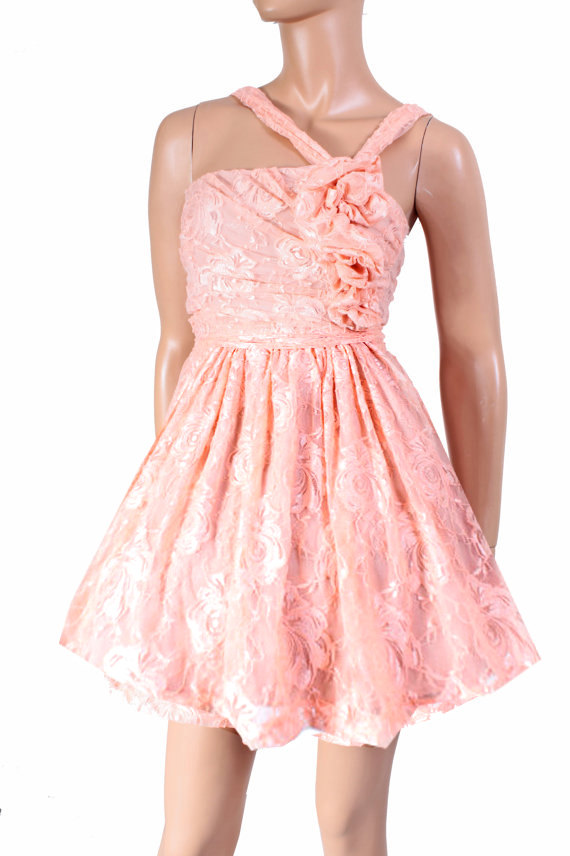 Party /Peach lace/ evening / bridesmaid /cocktail / asymmetrical dress