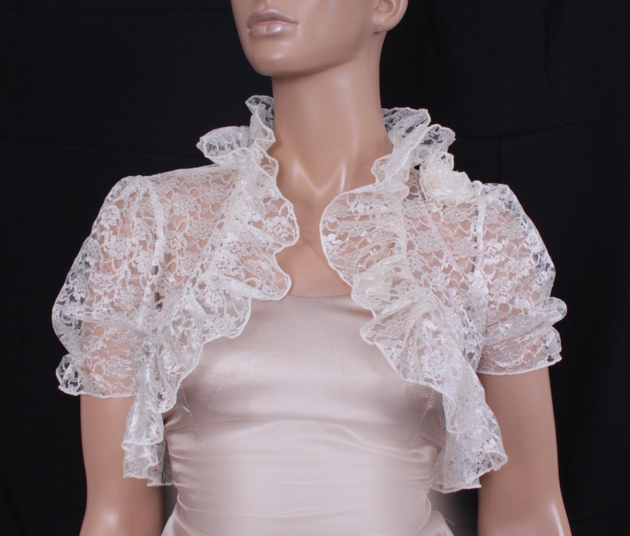 Bridal Cream White Lace Fluffy Ruffles Shrug Jacket Wedding Bolero on ...
