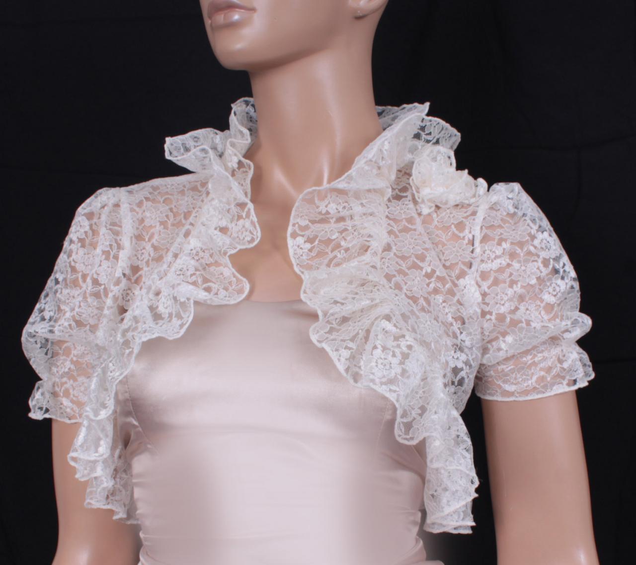 Bridal Cream White Lace Fluffy Ruffles Shrug Jacket Wedding Bolero on