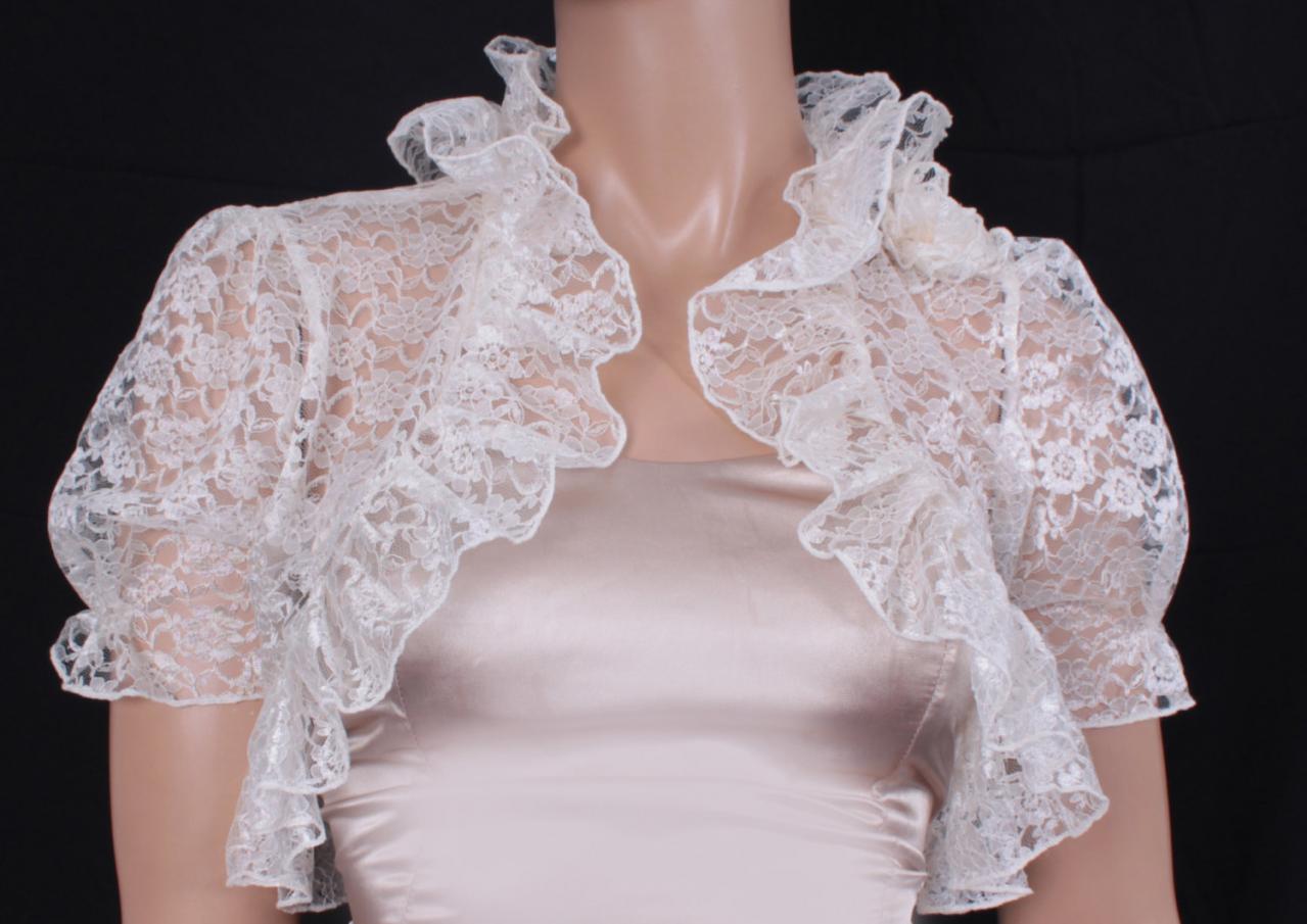 Bridal Cream White Lace Fluffy Ruffles Shrug Jacket