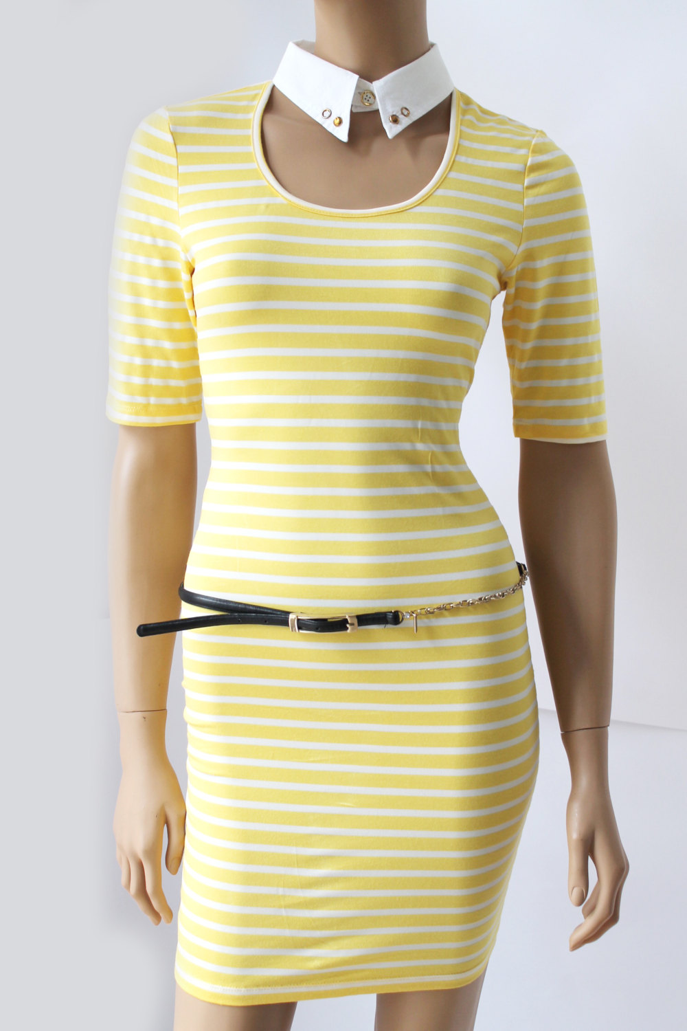 Yellow And White /cotton/ Women's Striped Casual /mini Dress/ Tunic