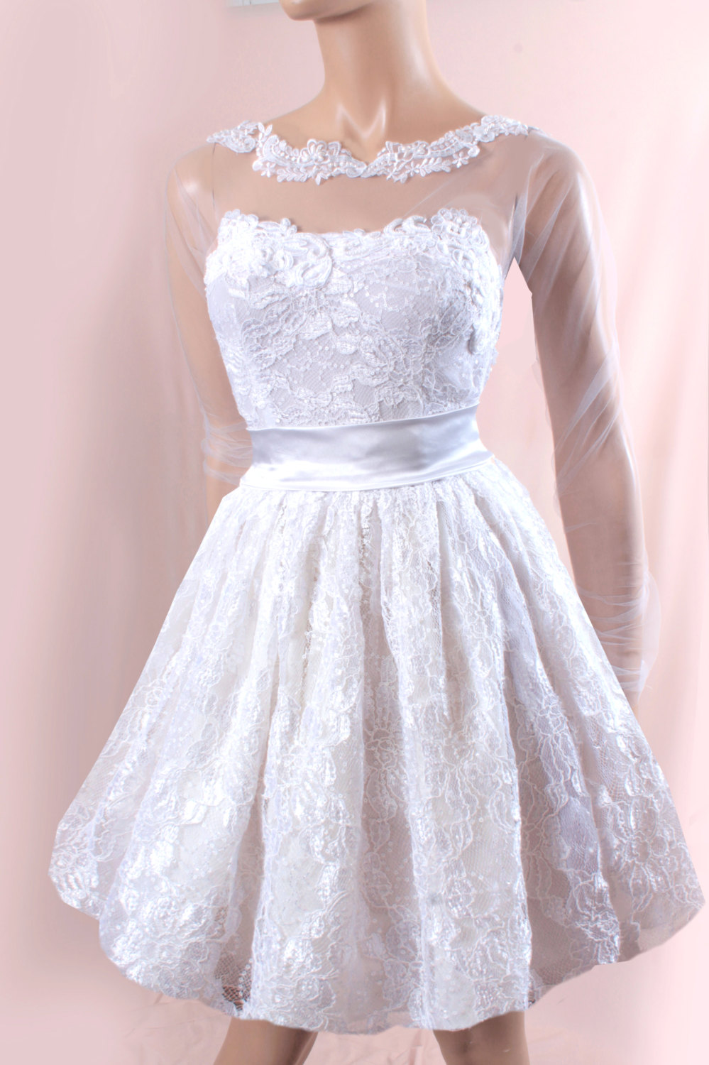 Short Wedding lace dress/Long tulle Sleeves Bridal Gown
