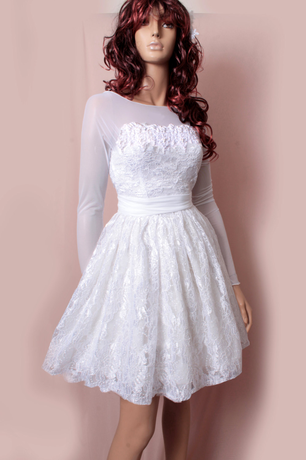Short wedding lace dresses / long Sleeves tulle / Custom Made/ Bridal Gown