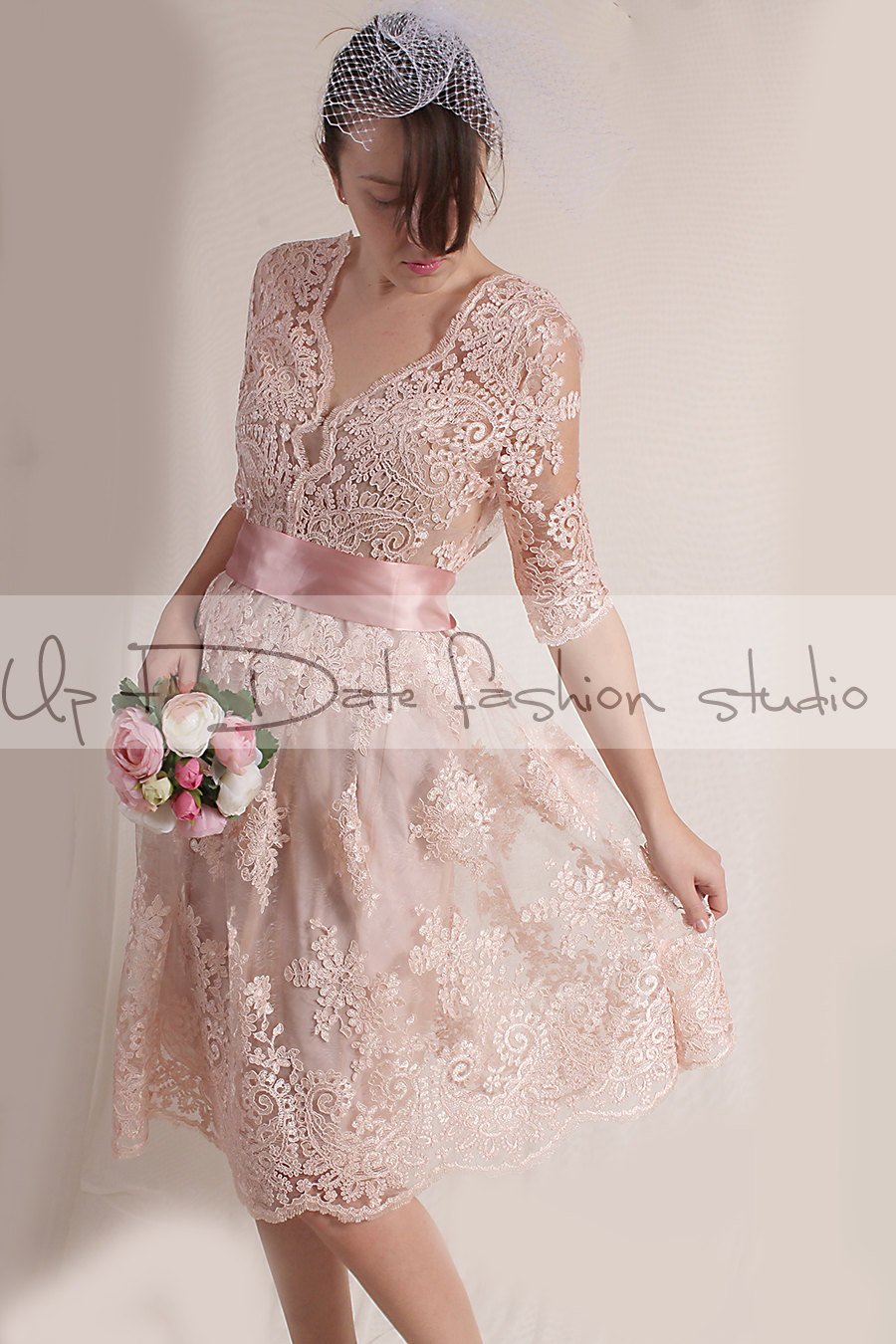 Plus Size Blush Pink Party Evening Cocktail Lace Dress Knee