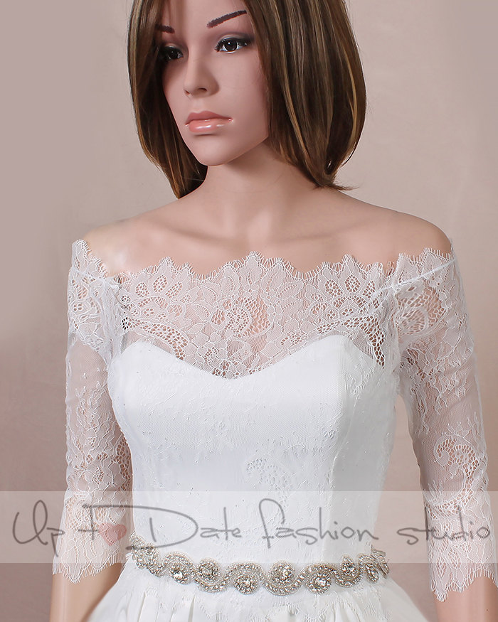 Plus size Off-Shoulder /wedding bolero/chantilly lace style /bridal shrug /jacket 3/4 sleeve
