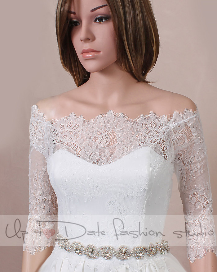 Plus Size Off-shoulder /wedding Bolero/chantilly Lace Style /bridal Shrug /jacket 3/4 Sleeve