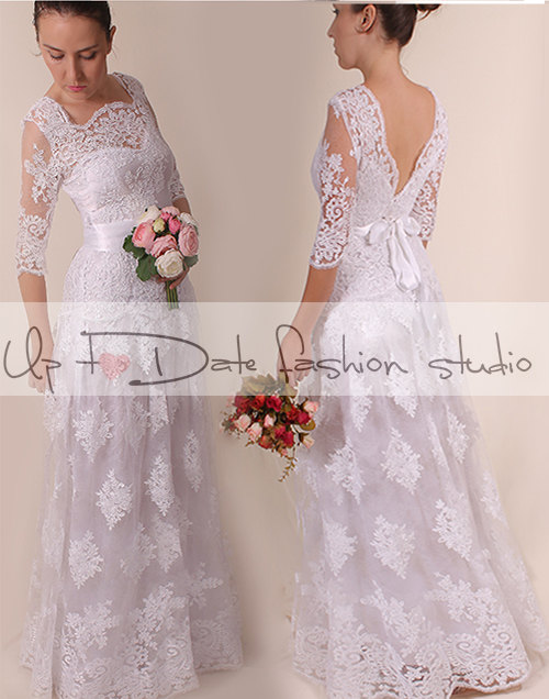 Lace Plus Size /V neck back/long/ mаxi wedding party/reception dress / lace / Bridal Gown 3/4 sleeve