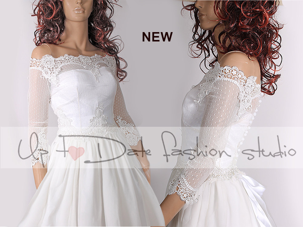 Bridal Off-shoulder / French Lace Wedding Jacket/ Bolero Shrug/ Jacket /bridal Lace Dots Tulle Top