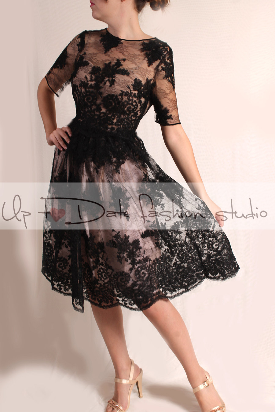 Little black lace wedding dress with sleeve/romantic bridal gown V back