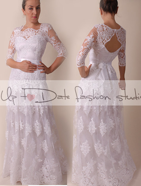 Lace Plus Size /Portrait back /long/ mаxi wedding party/reception dress / lace / Bridal Gown 3/4 sleeve