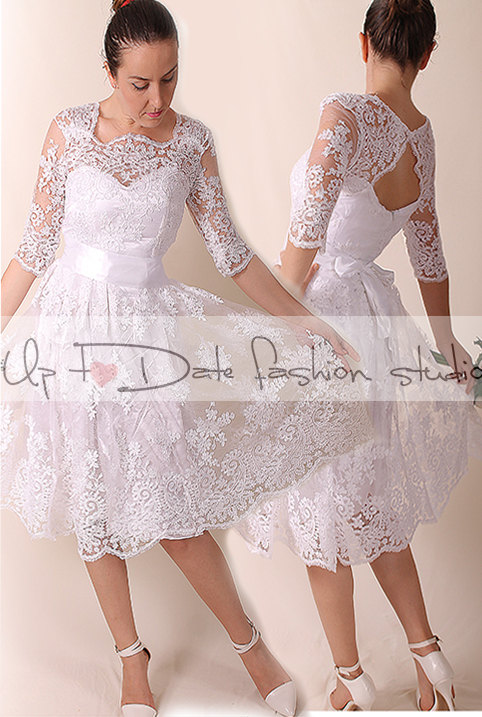 Lace Short Wedding dress /Portrait back Recepion /Bridal Gown 3/4 sleeve