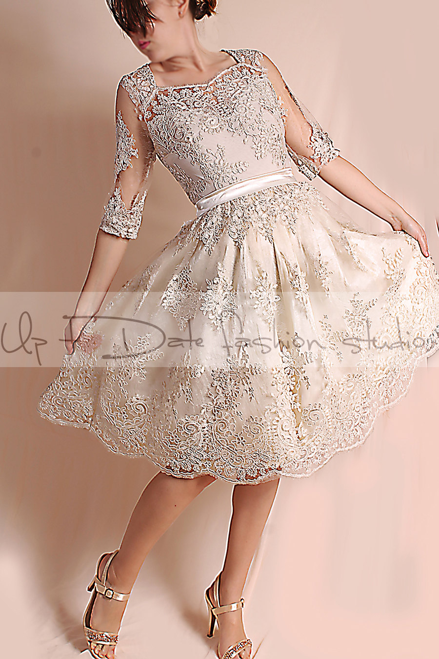 Lace short Wedding party /reception/ alencon lace dress/ 3/4 Sleeves /Portrait back/ ekryu Bridal Gown