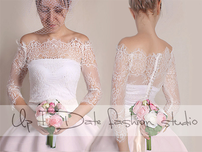 Bridal  off shoulder lace bolero jacket /shrug/ 3/4  sleeve wedding gown 