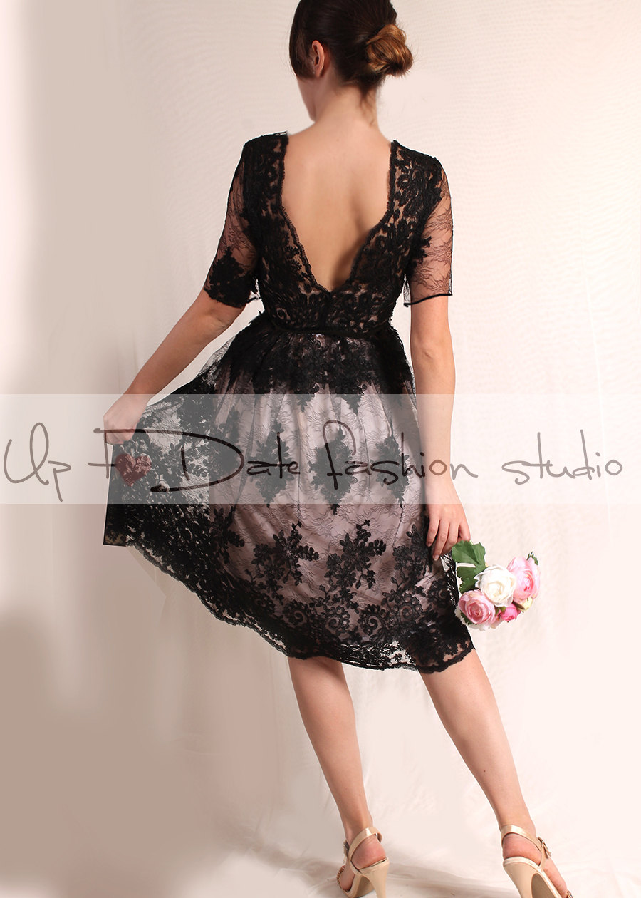 Plus Size Little black lace dress /Evening /Party /Cocktail /3/4 Sleeves /romantic dress V back