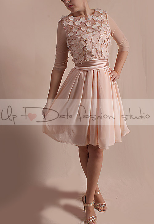 Short Romantic Lace/3d Chiffon Flower Fabric Whith Sequins /dress /3/4 Tulle Sleeves