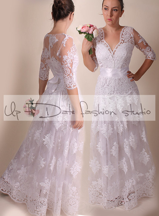 Lace Plus Size /v Neck Front//long/ Mаxi Wedding Party/reception Dress / Bridal Gown 3/4 Sleeve
