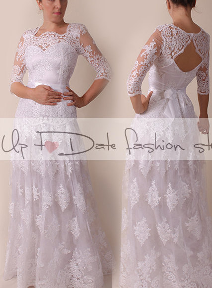Lace Wedding dress / Portrait back /Aline mаxi dress/ Bridal Gown 3/4 sleeve
