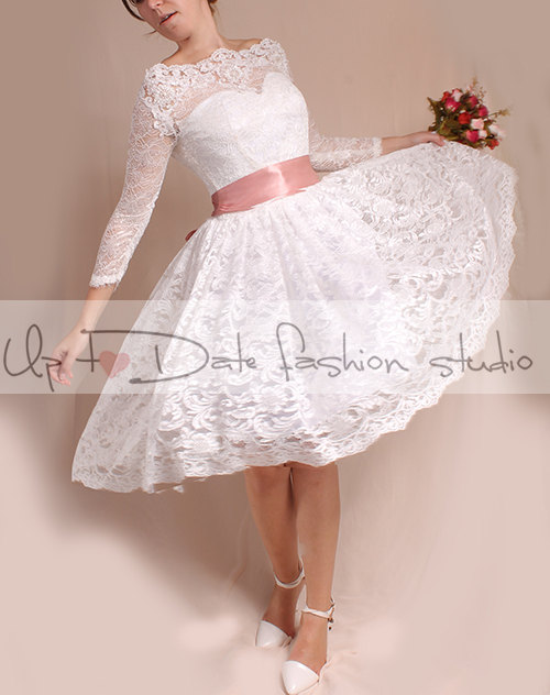 Off-Shoulder/Short wedding romantic lace dresses /Custom Made/ 3/4 Sleeves Bridal Gown