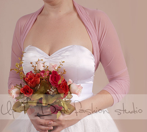 Bridal Tulle Blush Pink Bolero jacket 3 4 Sleeves Wedding Gown