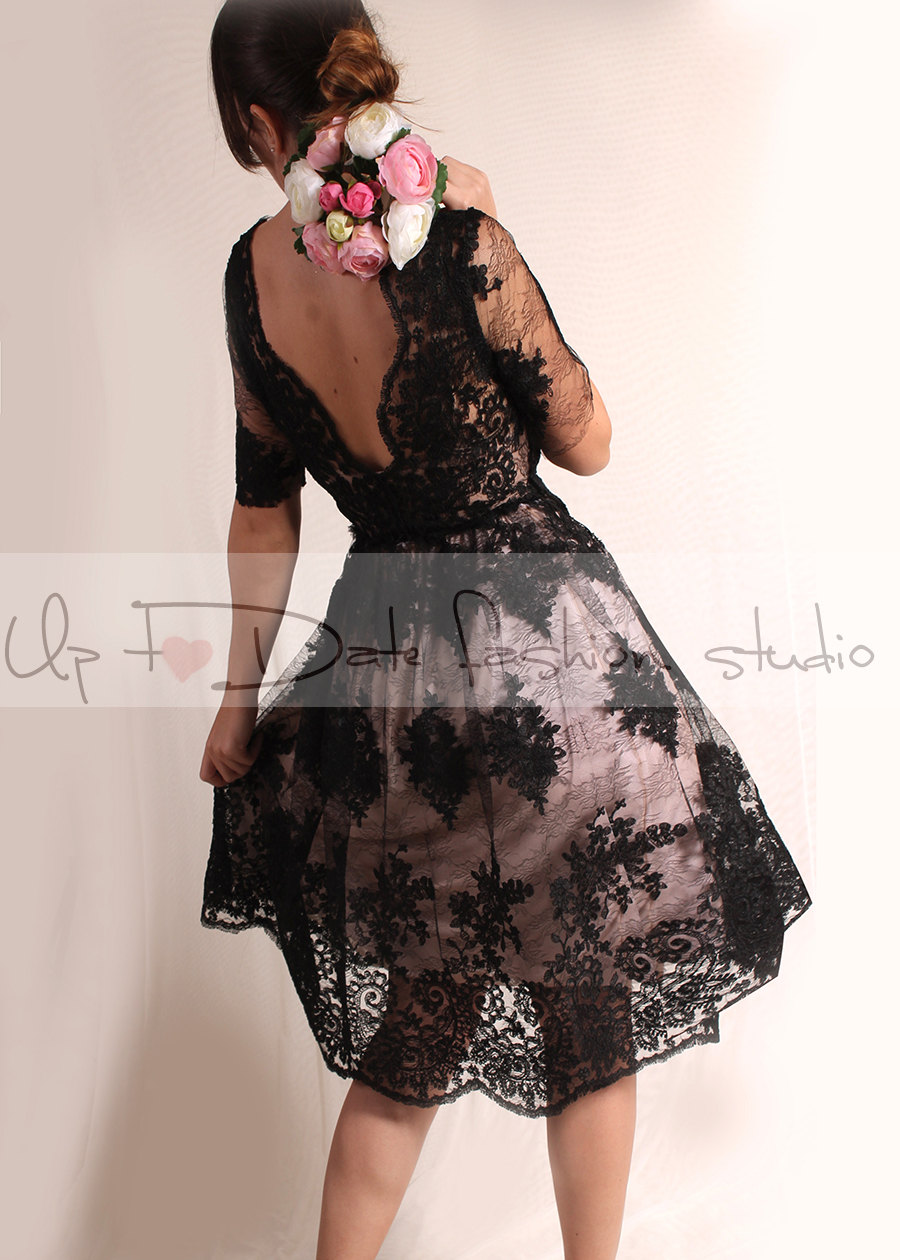 Little Black Lace Dress / Evening / Party / Cocktail / 3/4 Sleeves/romantic Dress V Back
