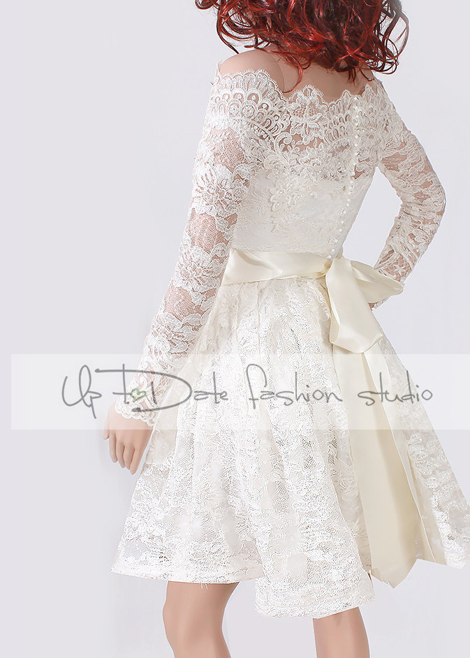 Lace Short Plus Size/reception/ Wedding Dress /off-shoulder Custom Made/ ,3/4 Sleeves Bridal Gown