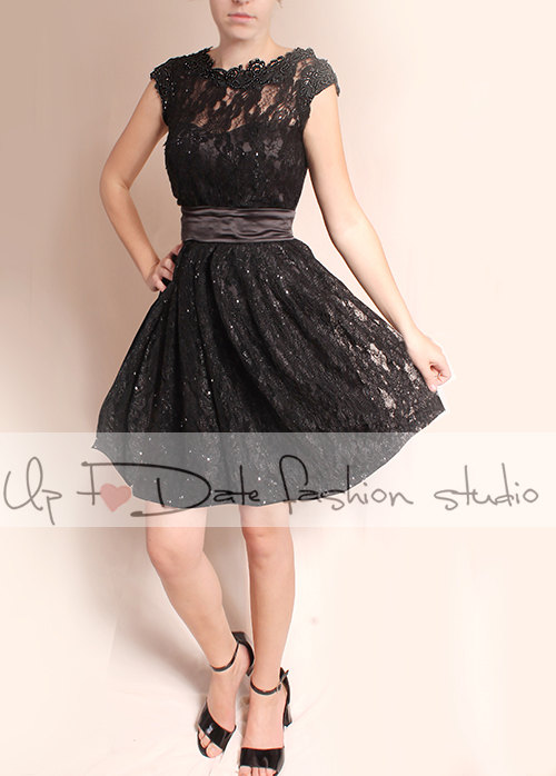 Plus Size Little black lace mini dress / Evening / Party / Cocktail /short Sleeves /romantic dress