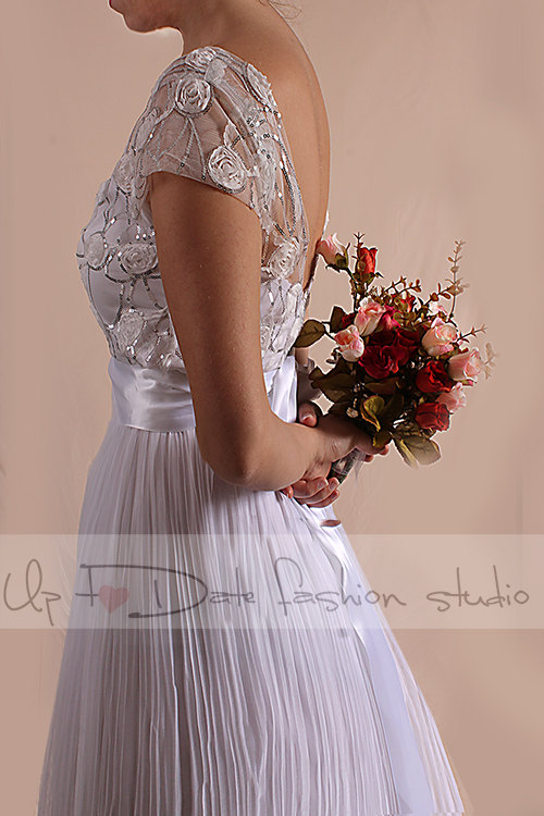 Wedding Lace/3d Chiffon Flower Sequins Silver Fabric /short Sleeves / Long Bridal Gown