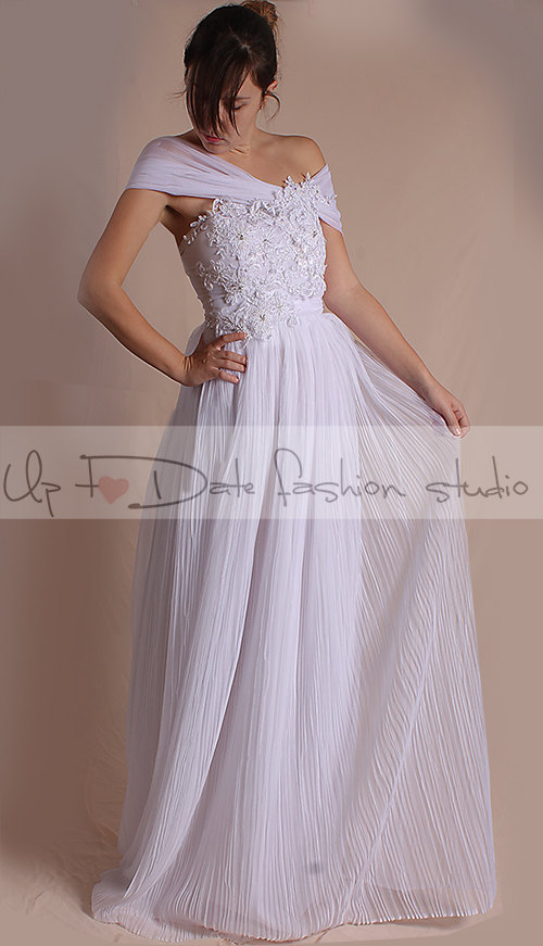 Plus Size Off-Shoulder Wedding /Bridal/ floral lace applique dress/ draped tulle long A-line dress/custom order