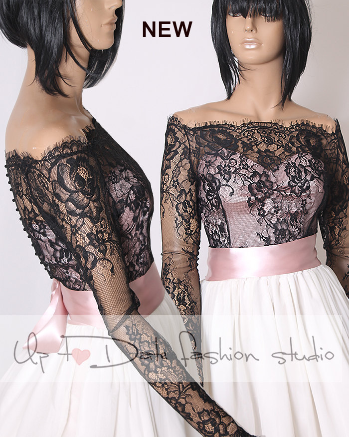 Off-shoulder Black Wedding Bolero/ French Chantilly Lace Style /bridal Shrug /jacket Long Sleeve