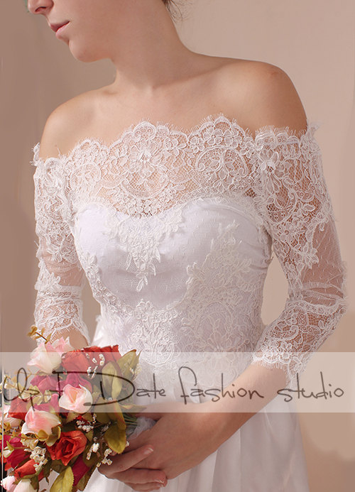 Plus Size lace bolero Bridal Off-Shoulder / Lace wedding jacket/ shrug/ jacket / lace top 3/4 sleeves
