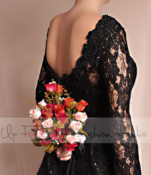 Lace short/ black /Wedding party /reception/ dress / long Sleeves/ Bridal Gown
