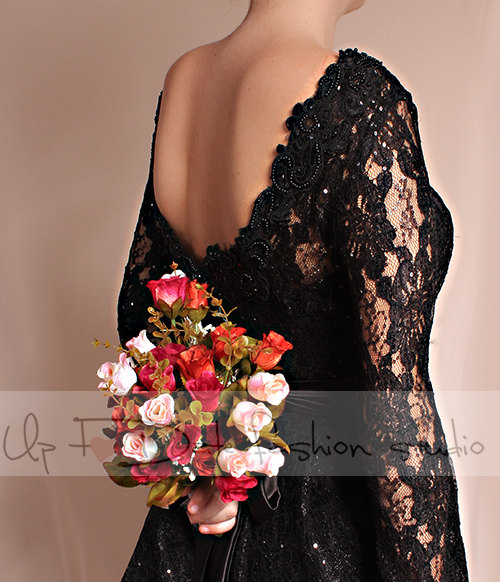 Lace Short/ Black /wedding Party /reception/ Dress / Long Sleeves/ Bridal Gown