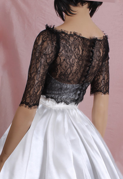Off-shoulder Black/ Ivory /white/wedding Bolero/chantilly Lace Style /bridal Shrug /jacket 3/4 Sleeve