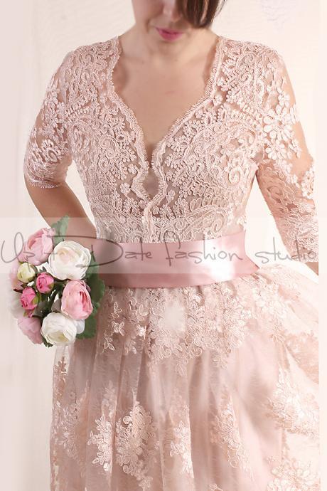 Lace short Wedding dress/V front with Sleeves /blush pink Bridal Gown