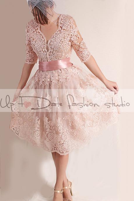 Party/Cocktail /evening/knee length /alencon lace dress/open back/ blush pink dress