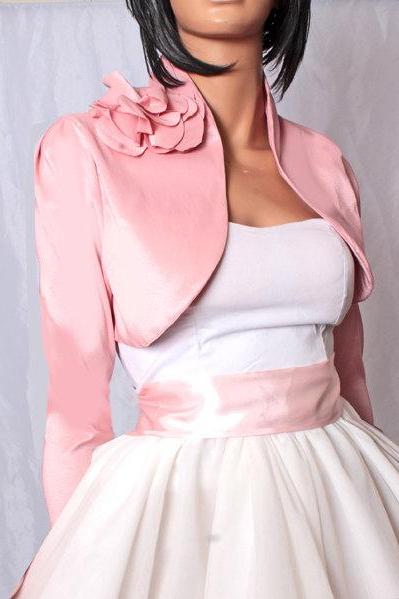 Peach pink taffeta / long sleeve / bridal /bridesmaid/ shrug wedding bolero