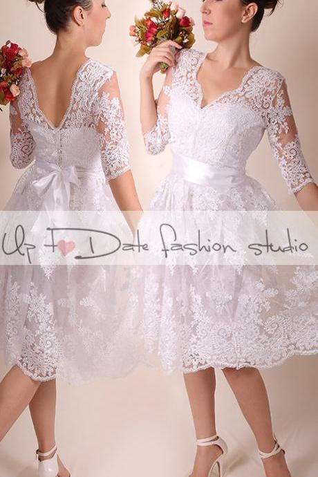 Lace Wedding dress/V front and back/Recepion/knee length dress/ Bridal Gown 3/4 sleeve