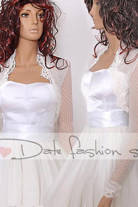 Bridal ivory delicate dots tulle jacket/ bolero/cover up/,long sleeves wedding bolero