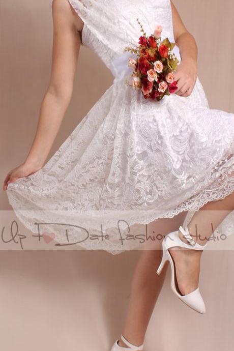 One shoulder/ Lace short/ Wedding /reception/ party /knee length dress/ Bridal Gown/Custom Made