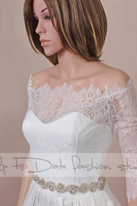 Off-Shoulder /ivory/ wedding bolero/chantilly lace style /bridal shrug /jacket 3/4 sleeve