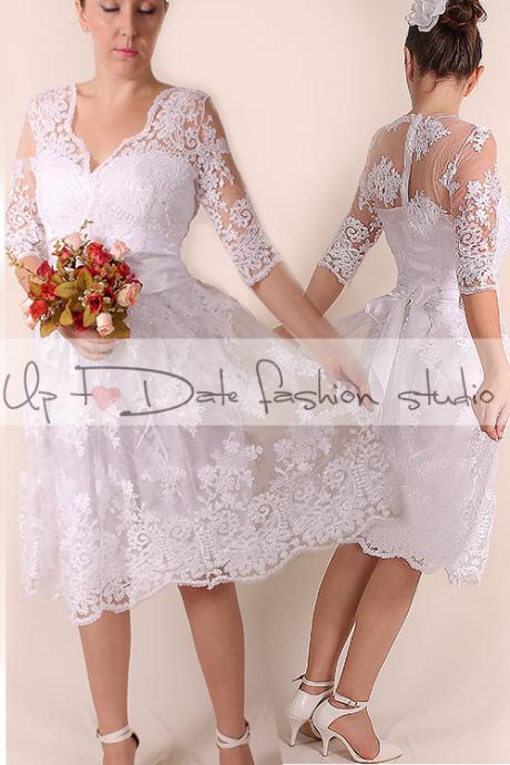 Lace short Wedding dress / V front /Recepion/knee length/ party dress/ Bridal Gown 3/4 sleeve